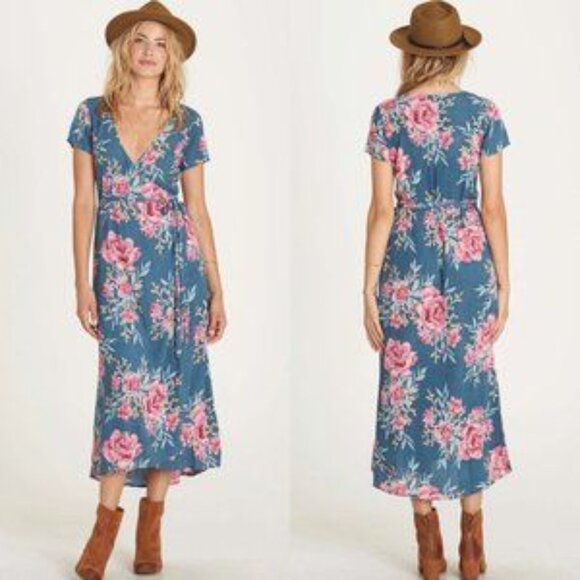 Billabong Dresses & Skirts - Billabong Wrap Me Up Floral Midi Dress Blue XS
